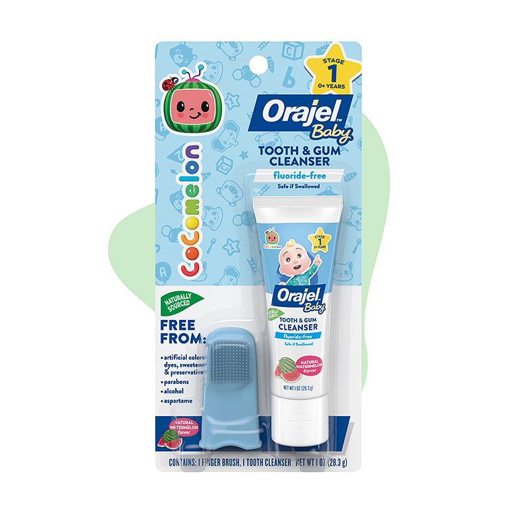 Orajel baby fluoride-free CoComelon tooth and gum cleanser with finger brush.