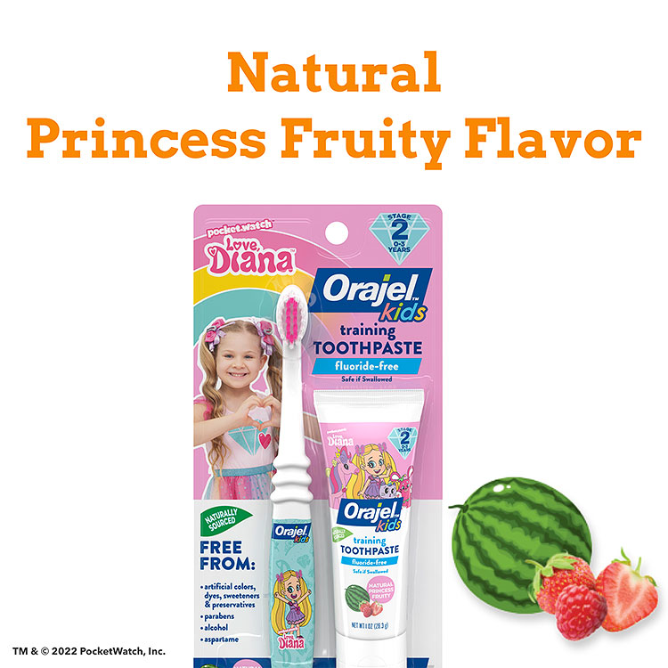 Orajel Kids Love Diana Toothpaste without fluoride is made with natural princess fruity flavors