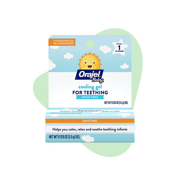 Orajel baby drug-free daytime cooling gel for teething to help soothe teething infants.