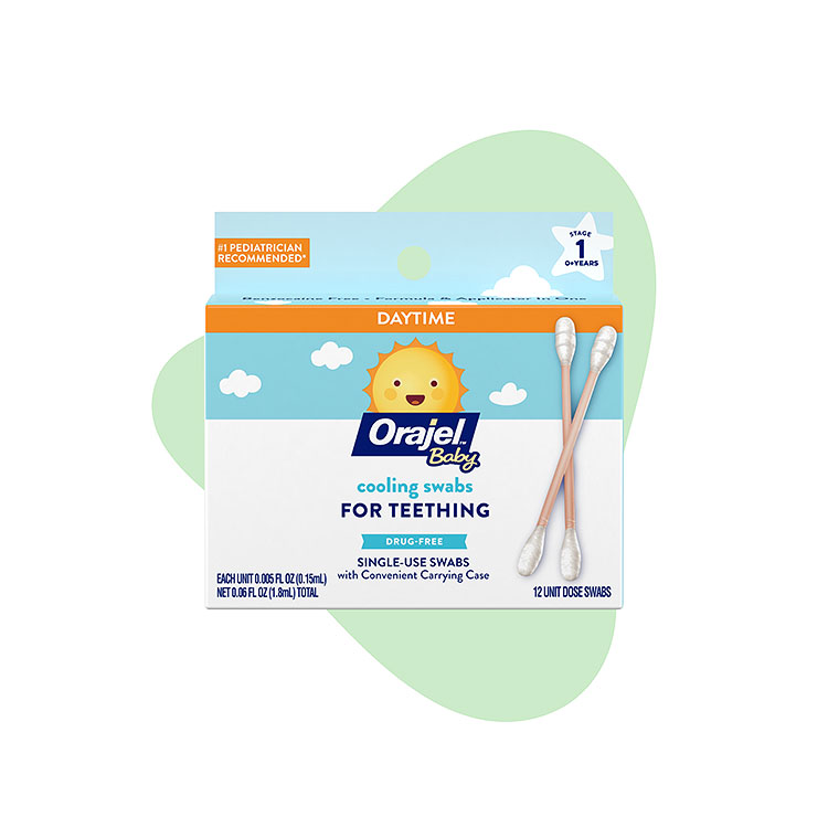 Orajel drug-free and benxocaine free single- use cooling swabs for teething infants.