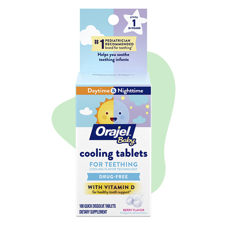 Orajel baby drug-free daytime and nighttime cooling tablets for teething with vitamin d.
