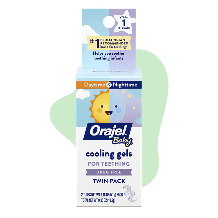 Orajel baby drug- free cooling gels for teething for daytime and nighttime.