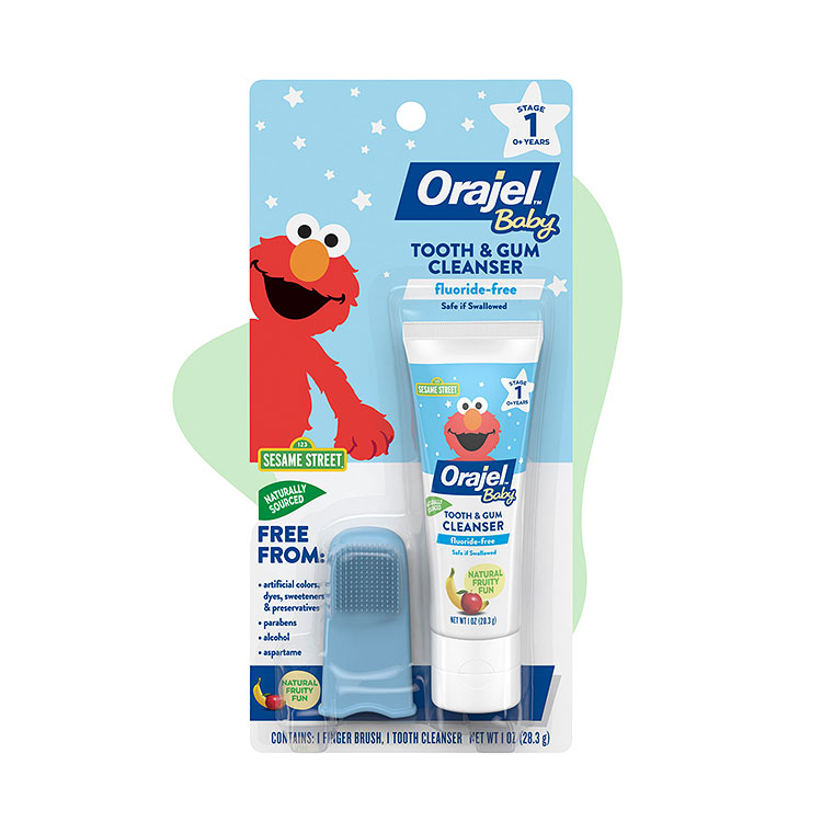 Orajel baby fluoride- free elmo tooth and gum cleanser with finger brush.