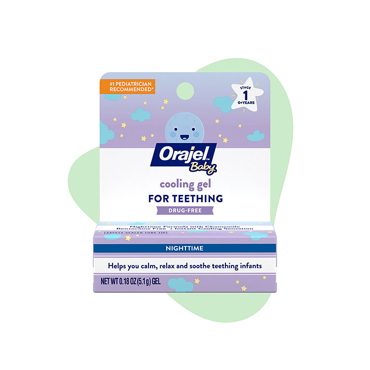Orajel baby drug-free nightitme cooling gel for teething to relax and soothe teething infants.