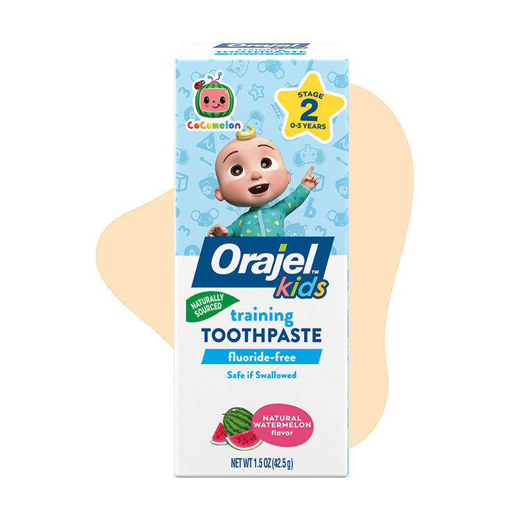 Orajel kids CoComelon natrually sourced fluoride- free and watermelon flavor training toothpaste.