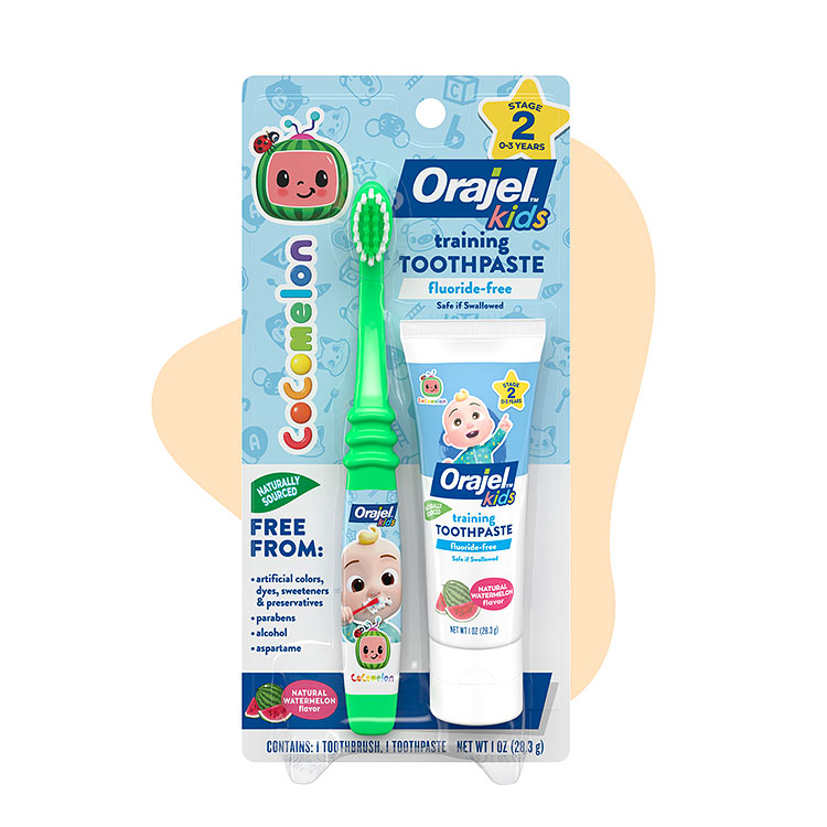 Orajel CoComelon naturally sourced watermelon flavored kids toothpaste with brush.