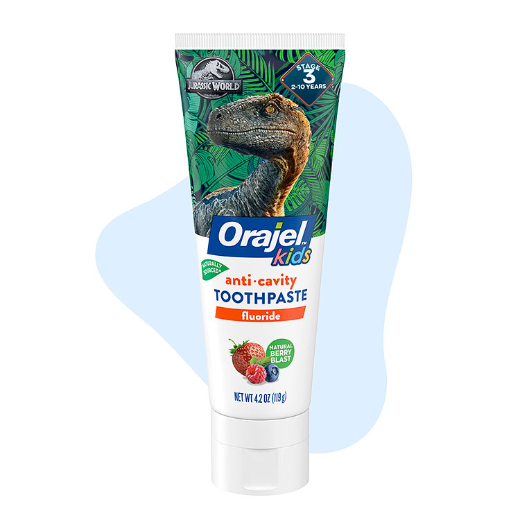 Jurassic World Orajel anticavity fluoride toothpaste with natural berry flavor.