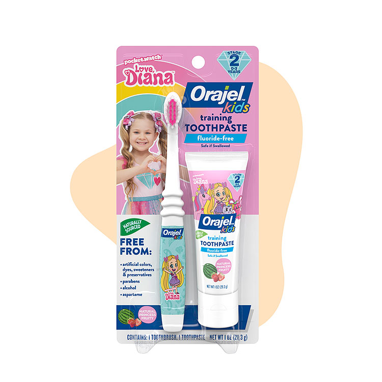 Orajel kids loves diana flouride- free with training toothpaste and gentle and effective brush.
