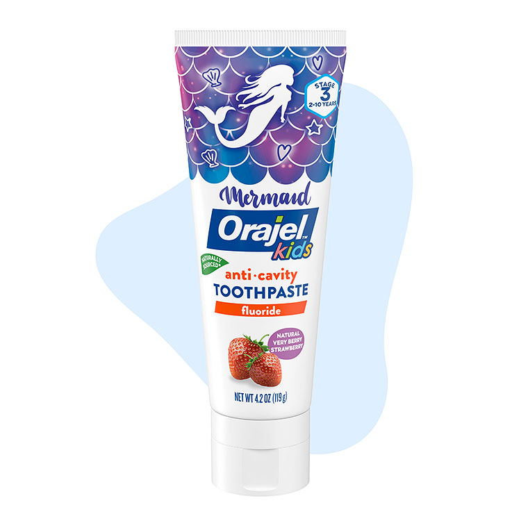 Orajel strawberry flavored unicorn and mermaid anticavity fluoride toothpaste.