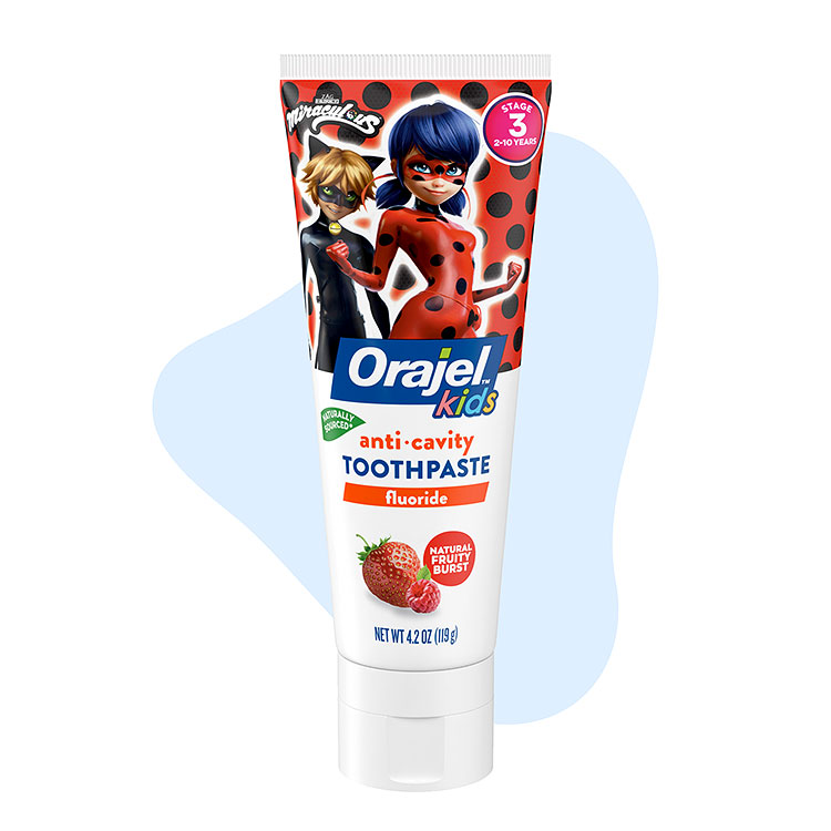 Orajel strawberry flavored fluoride toothpaste that protects cavities and strengthens teeth.