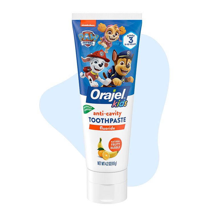 Fruity bubble flavored fluoride PAW patrol toothpaste.