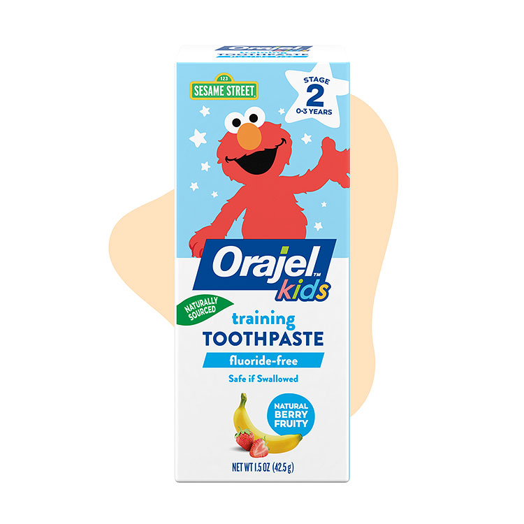 Orajel kids sesame street fluoride-free training toothpaste with natural berry flavor.