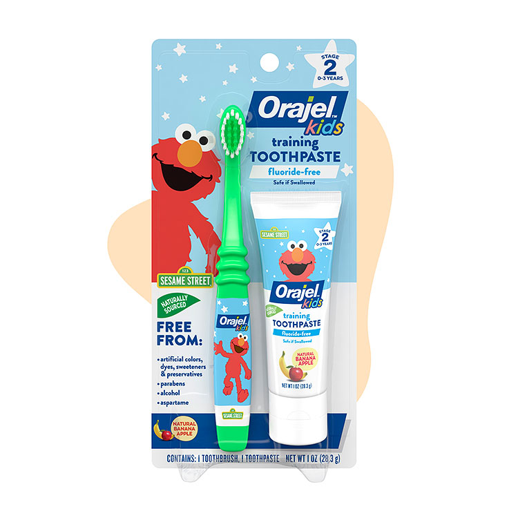 Orajel kids sesame street fluoride- free training toothpaste with gentle and effective brush.